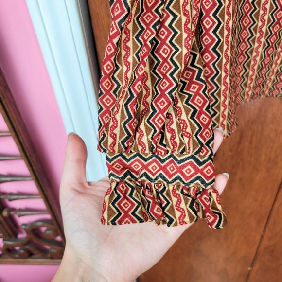 Vintage 70s Bold Zig Zag Print Ruffled High Neck Blouse - Picture 5 of 7